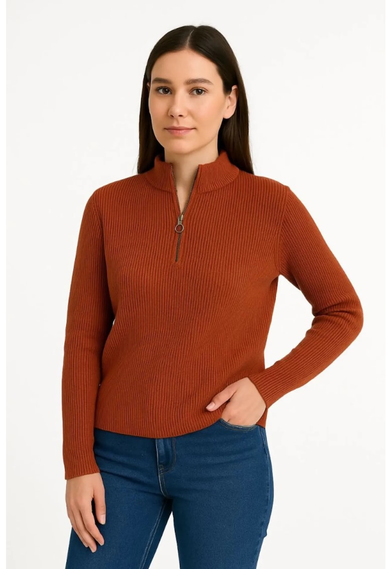 Pulover tricotat dama - guler pe jumatate - caramiziu - bumbac/poliester/elastan