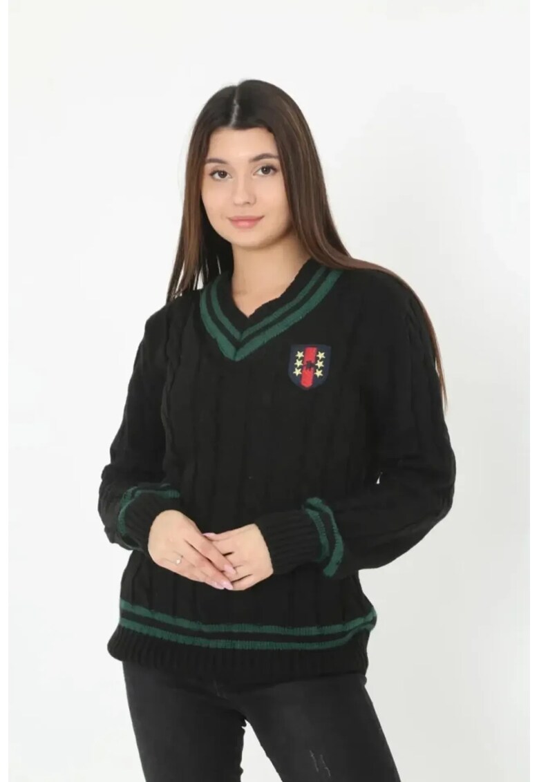 Pulover dama - cu decolteu in V - bumbac/poliester/elastan - negru/verde -