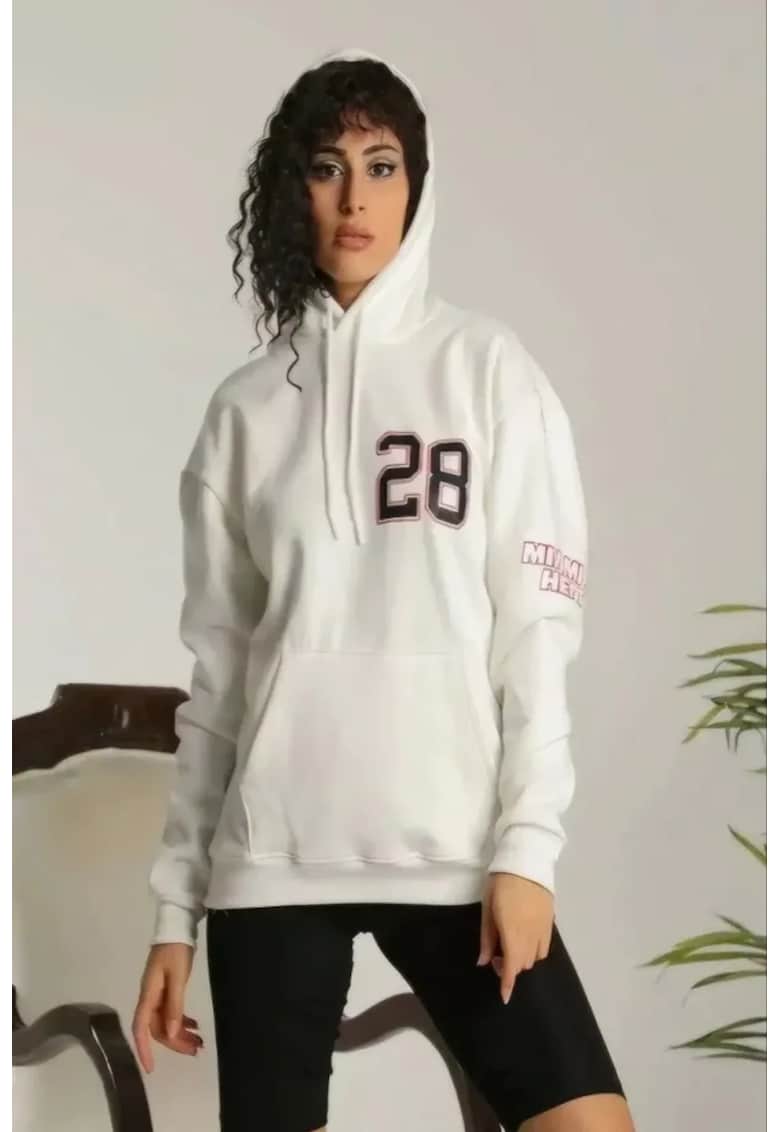 Hanorac dama - supradimensionat - gluga - imprimeu pe spate - alb - textil