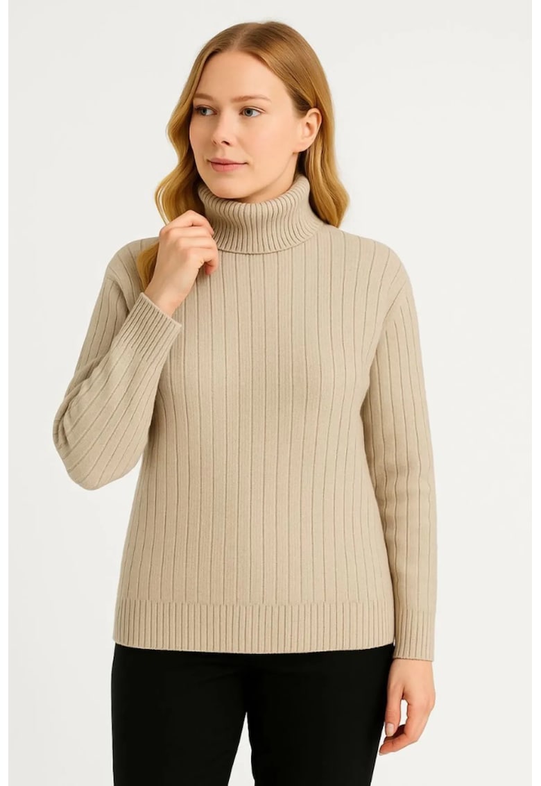 Pulover dama - bumbac/poliester/elastan - guler inalt - bej natural