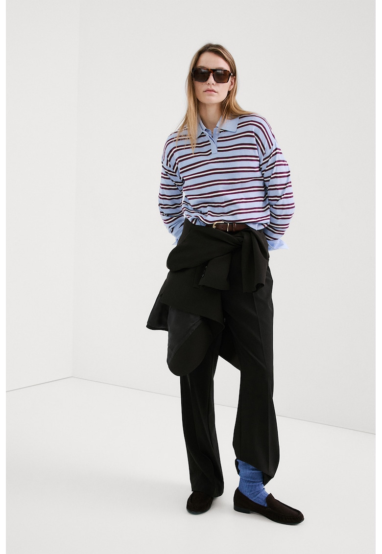 Pulover polo cu dungi - Visiniu/Albastru pastel