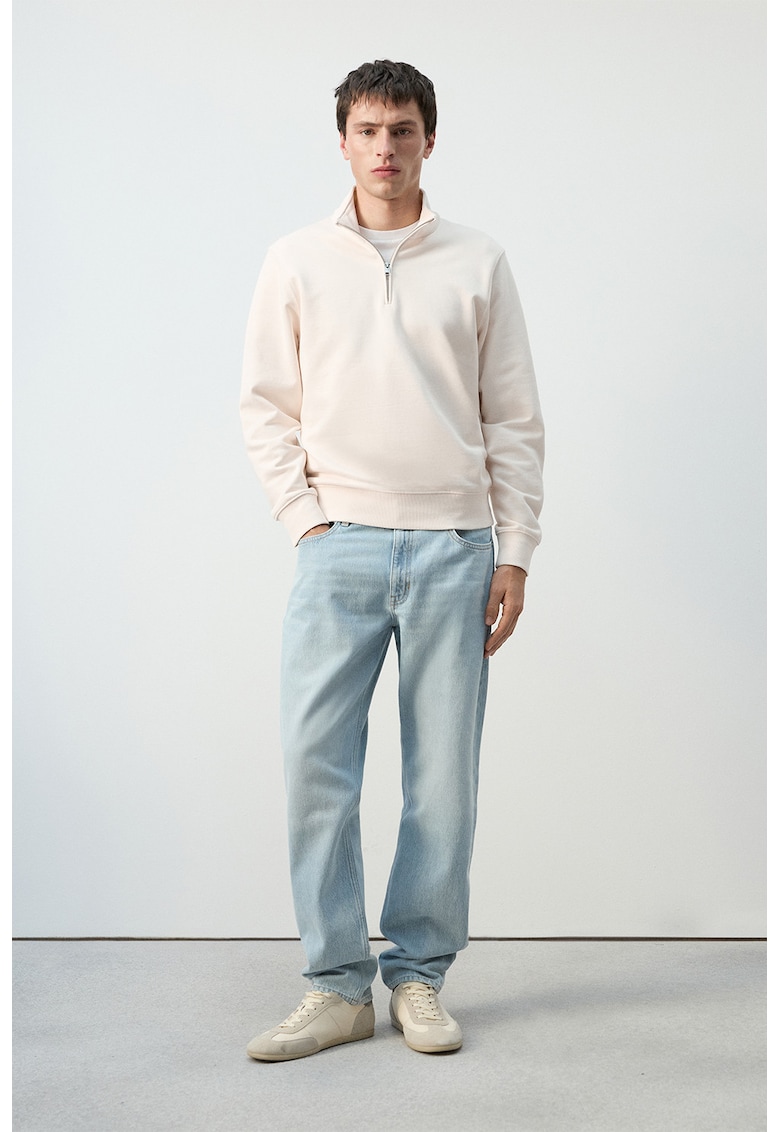 Bluza de trening din bumbac cu guler cu fermoar - Bej deschis