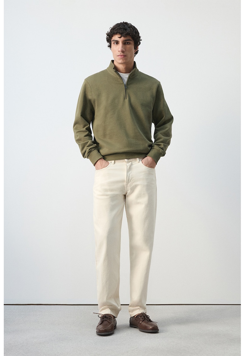 Bluza de trening din bumbac cu guler cu fermoar - Verde masliniu