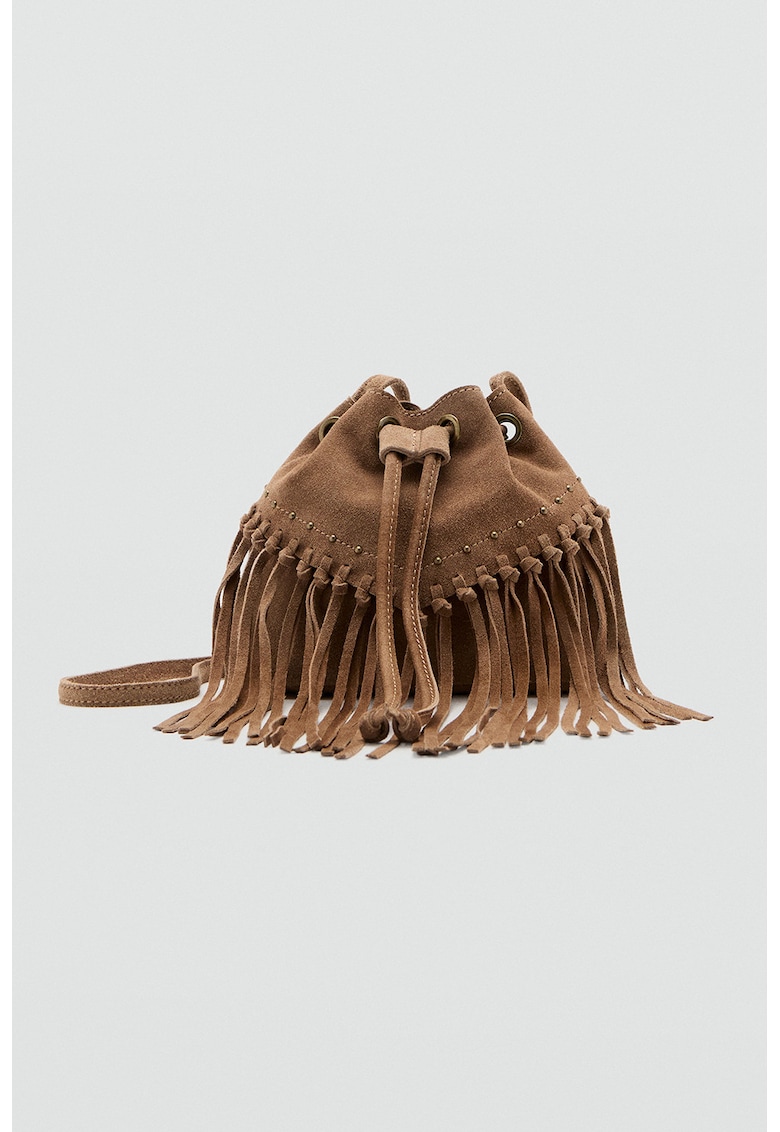 Geanta crossbody din piele intoarsa cu franjuri - Maro