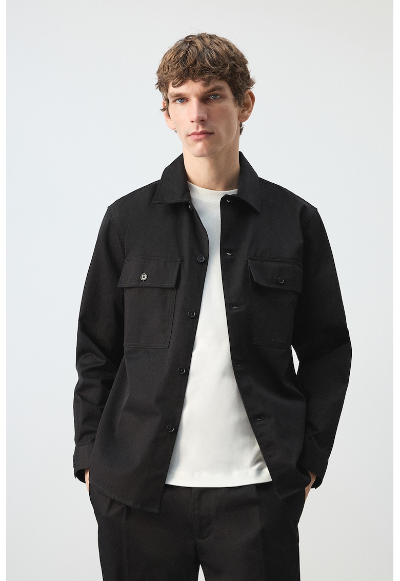 Jacheta-camasa din bumbac cu model uni - Negru
