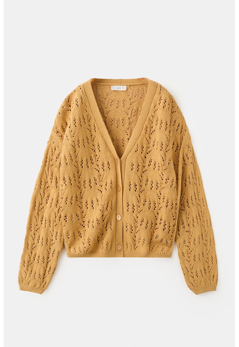 Cardigan cu model cu perforatii si decolteu in V - Galben mustar