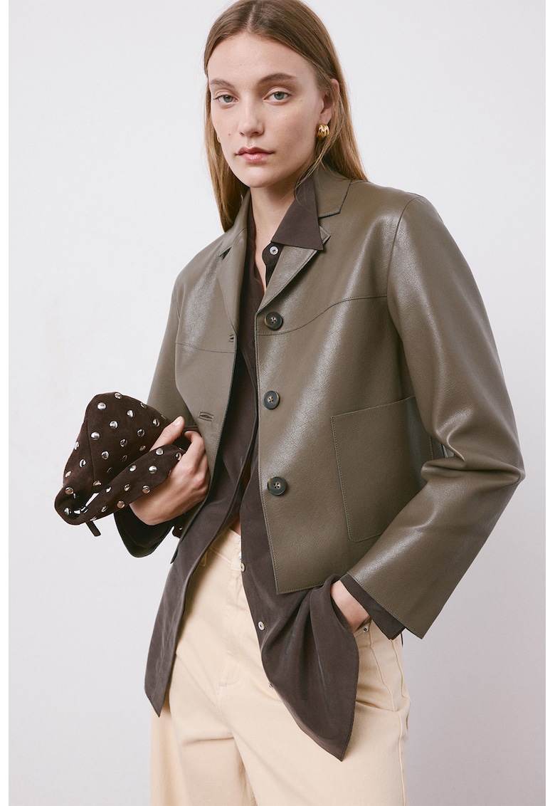 Jacheta din piele ecologica cu revere decupate - Verde masliniu