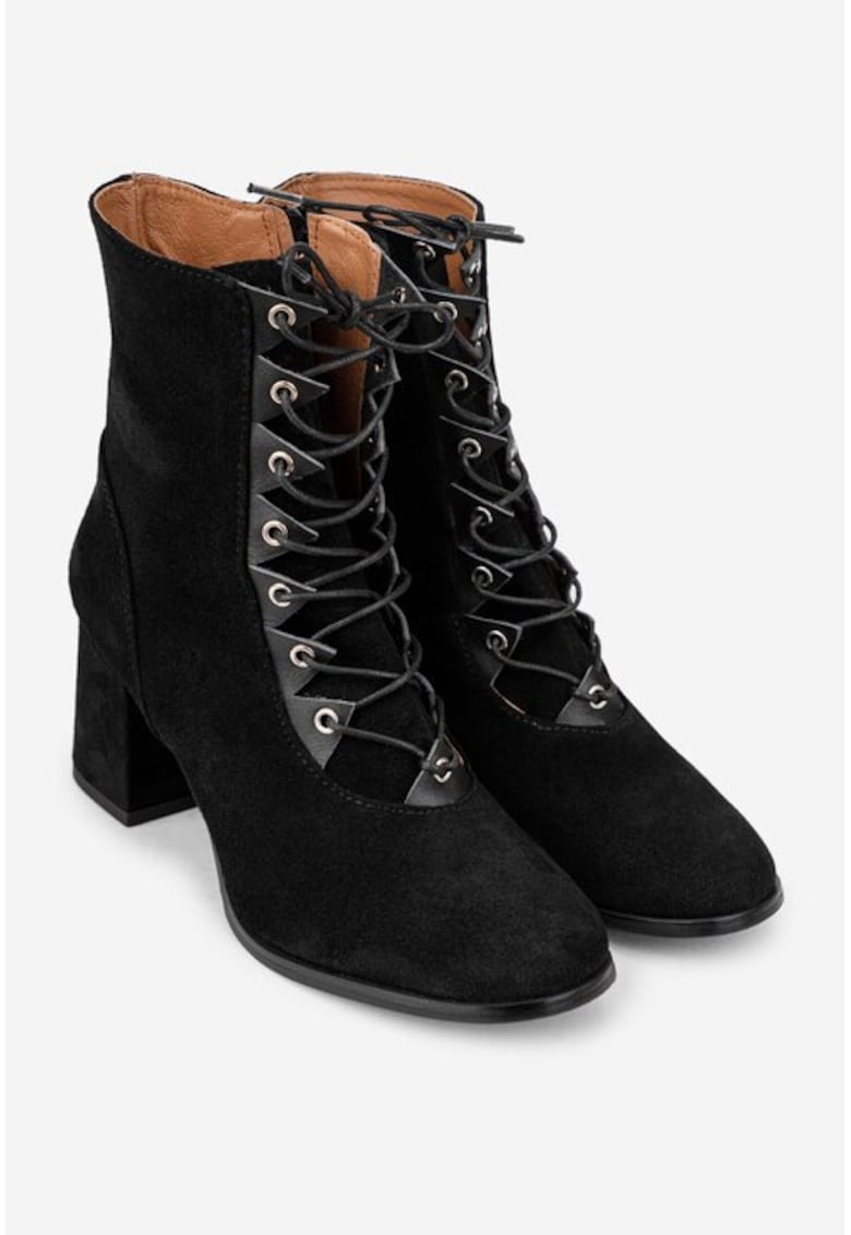 Botine dama din piele intoarsa neagra cu toc