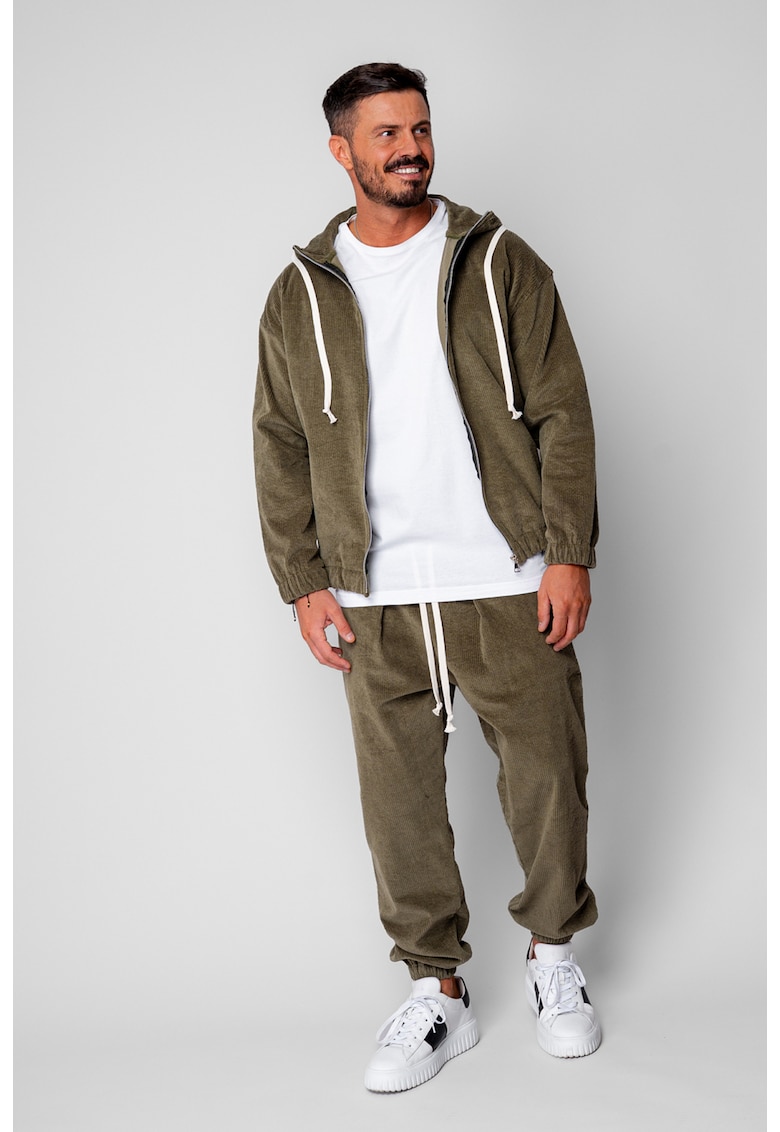 Set Hanorac cu fermoar si Pantalon Lung din reiat Charduroy Dark Olive 19978 - Verde masliniu inchis