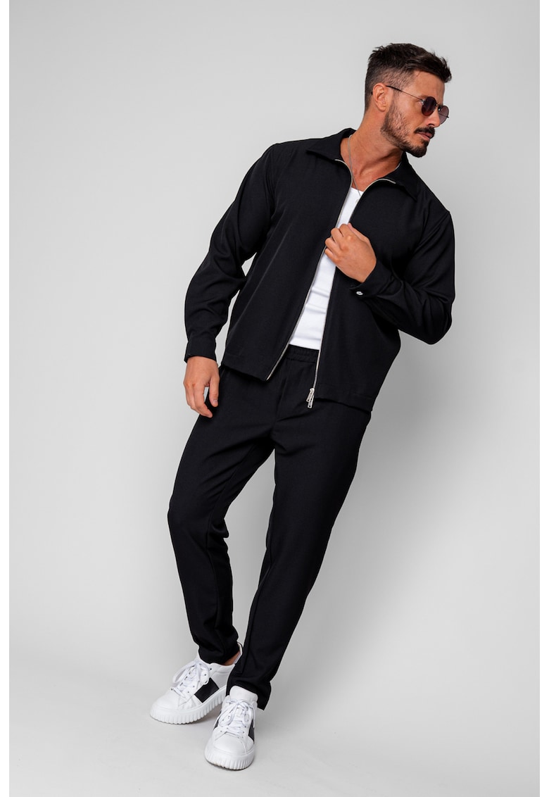 Set Caruso v2 Jacheta cu fermoar si pantalon lung drept Premium Black 19966 - Negru