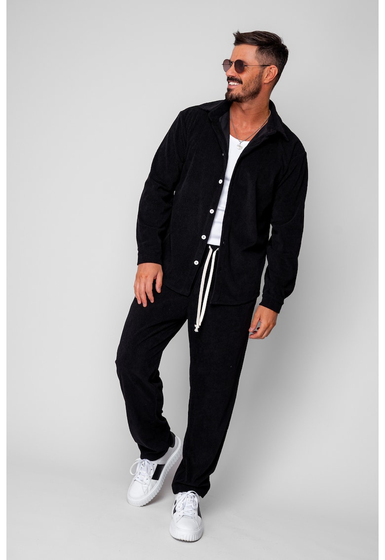 Set Camasa si Pantalon Lung drept din reiat Black 20013 - Negru