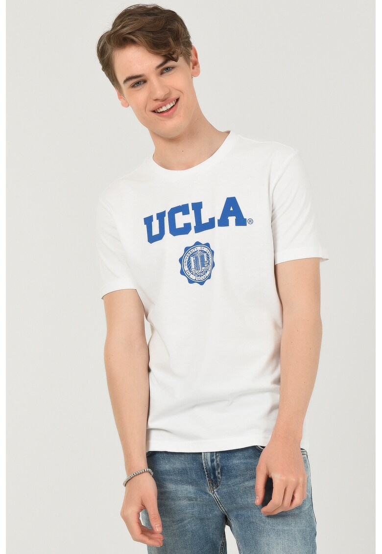 Tricou regular fit - decolteu la baza gatului - imprimeu cu logo - Alb - GAYLEY