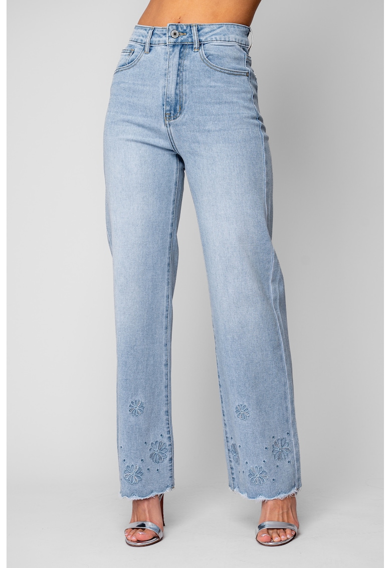 Blugi lungi elastici cu broderie florala Light Blue 20111 - Albastru deschis