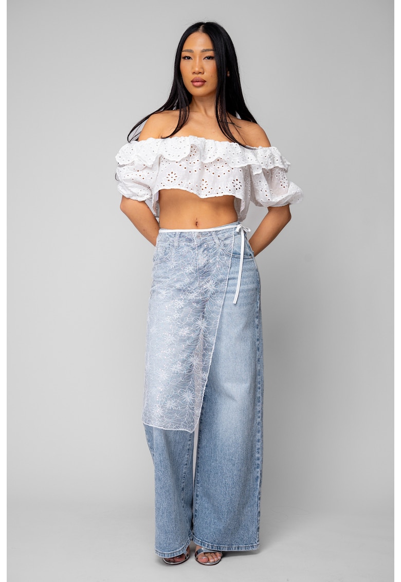 Blugi lungi elastici cu aplicatie din dantela Light Blue 20116 - Albastru deschis