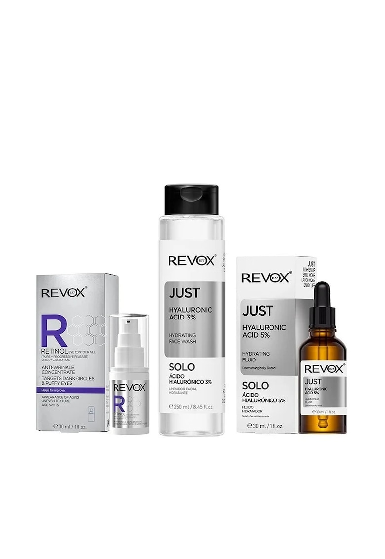 Pachet pentru hidratare - Gel ochi Retinol 30 ml + Face Wash HA 3% 250 ml + Fluid HA 5% 30 ml