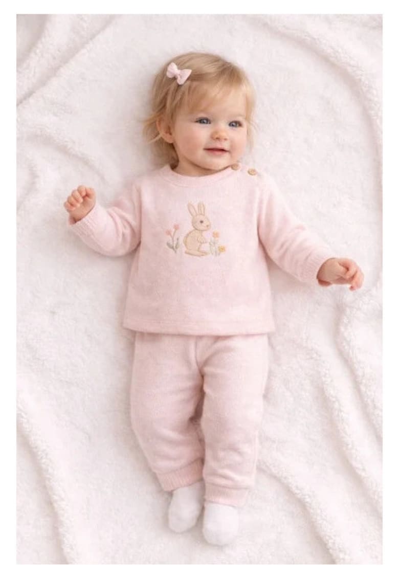 Set memoza brodat cu iepure – bumbac 100% - roz - Roz
