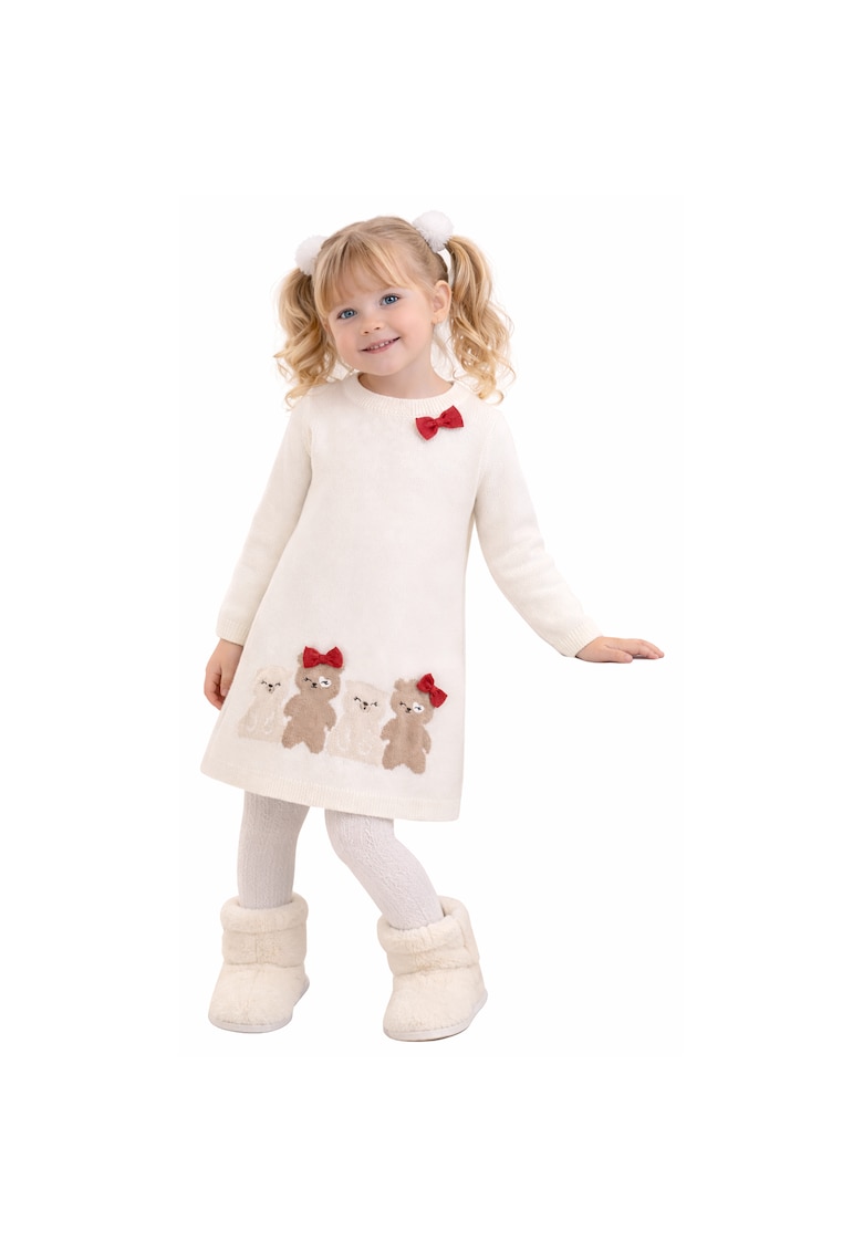 Rochie tricotata cu detalii grafice - Rosu - Alb fildes - Maro deschis