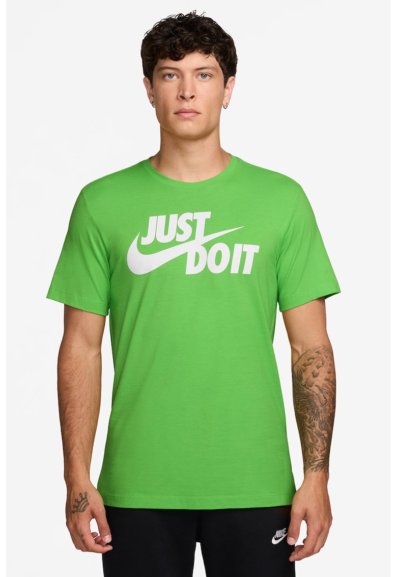 Tricou de bumbac cu imprimeu logo si text Swoosh - Alb/Verde deschis/Verde lime