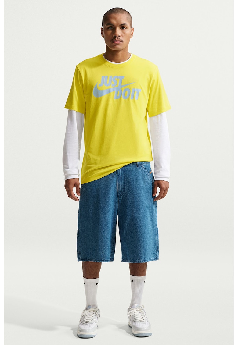 Tricou de bumbac cu imprimeu logo si text Swoosh - Galben/Albastru glaciar