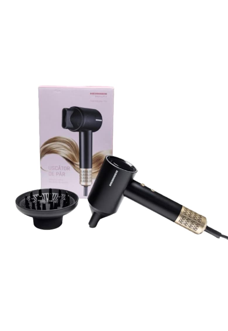 Uscator de par profesional - Motor BLDC - 1600 W - Display digital - 2 trepte de putere - 3 trepte de temperatura - Ionizare - Functie aer rece - Concentrator magnetic - Difuzor magnetic - Protectie filtru detasabila - Negru cu auriu