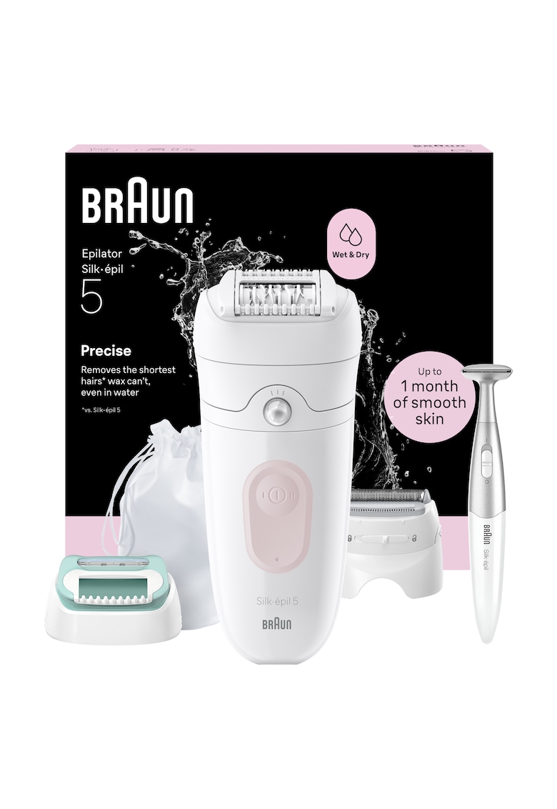 Epilator Silk-épil 5 5-251 Wet & Dry - MicroGrip - Smart Light - 28 de pensete - Alb/Roz