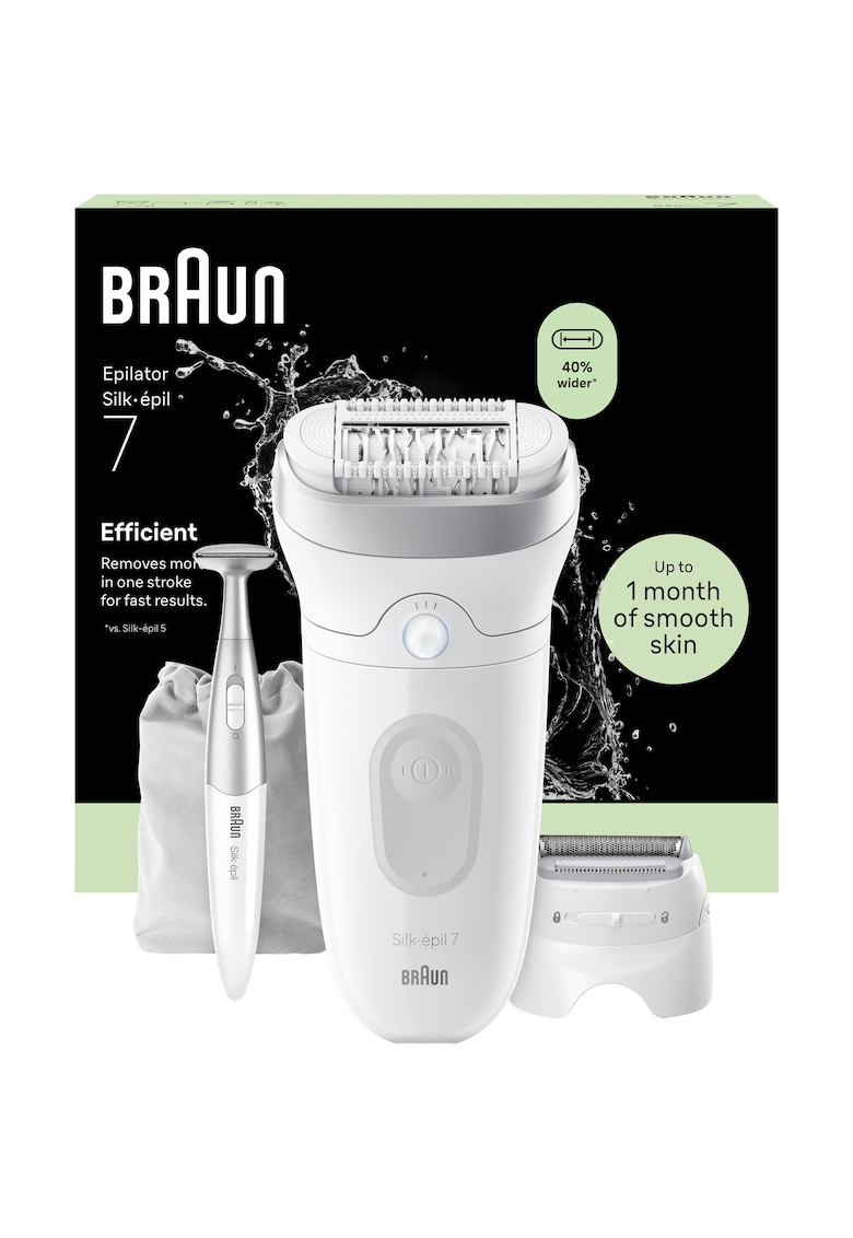 Epilator Silk-épil 7 7-241 SkinSpa - Wet & Dry - MicroGrip - Smart Light - 40 de pensete - 2 viteze - Cap de ras + Pieptene pentru tuns - 1 Cap pentru exfoliere - Trimmer Bikini - Alb/Argintiu