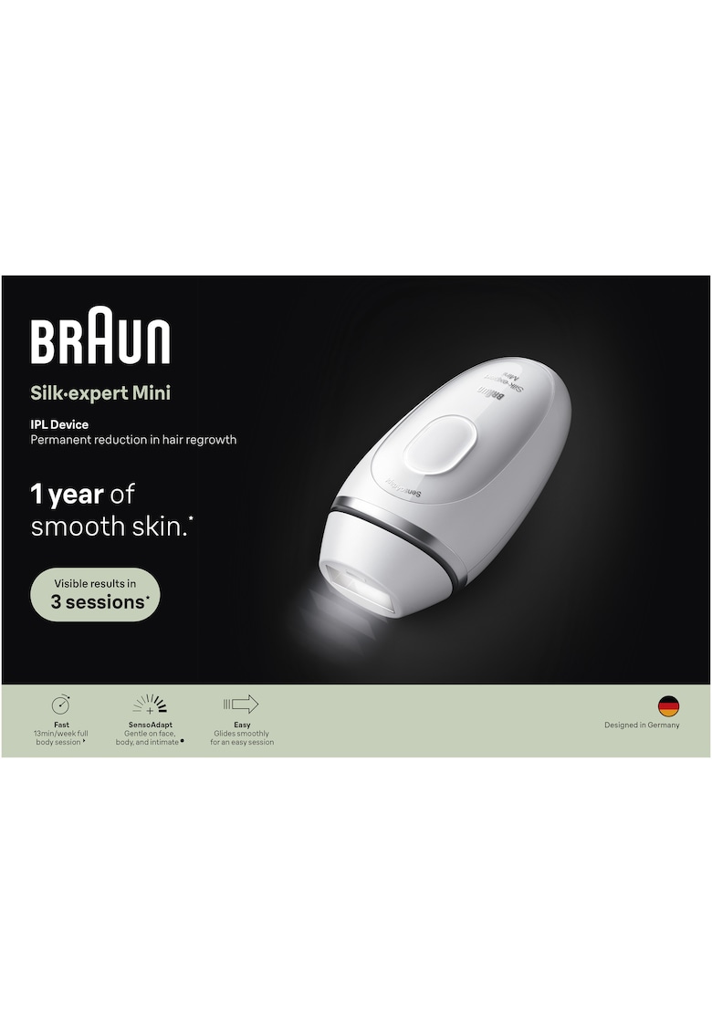 Epilator IPL IPL Silk·expert Mini PL1115 - SensoAdapt - 300.000 impulsuri - 3 niveluri de intensitate - Corp si fata - Mini aparat pentru indepartarea parului facial - Trimmer bikini - Aparat de ras Venus - Saculet de calatorie - Alb
