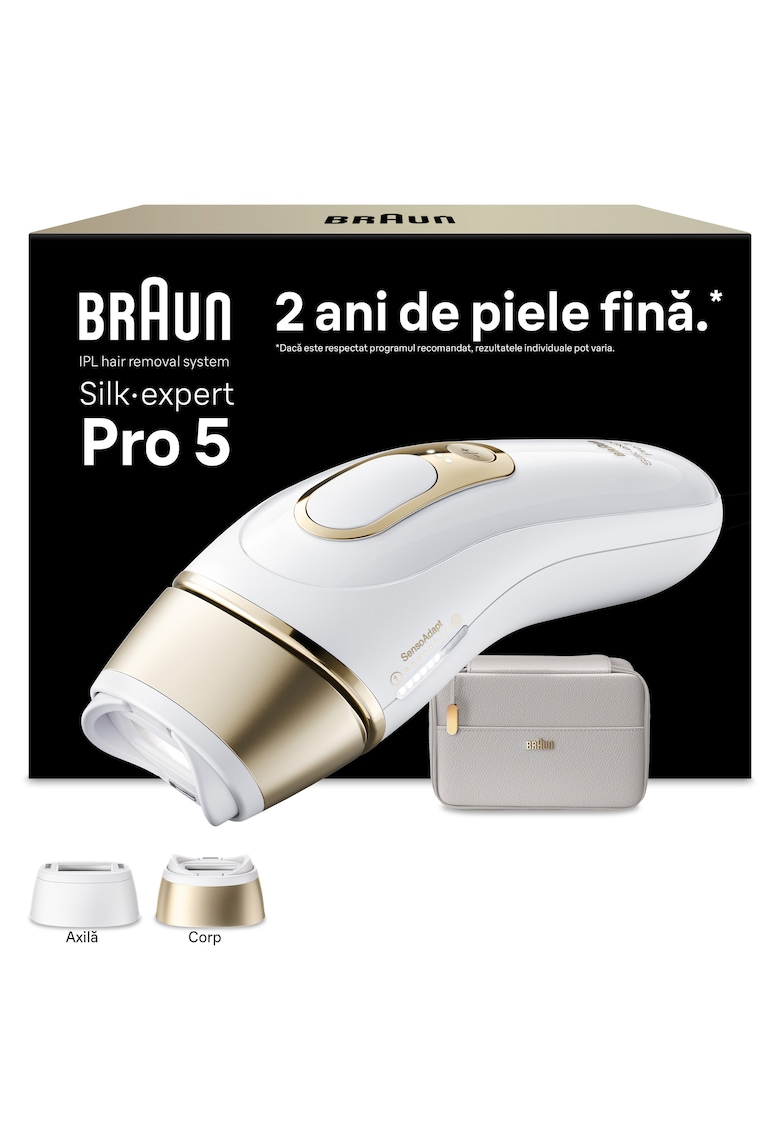 Epilator IPL Silk-expert PRO 5 Senzor automat & continuu Skin pro 2.0 - 400.000 impulsuri - 10 niveluri de intensitate - - Alb/Auriu