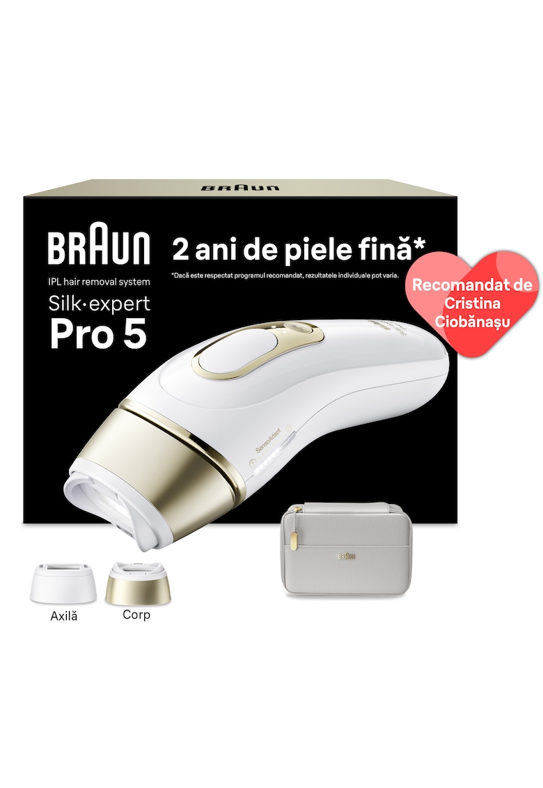 Epilator IPL Silk-expert PRO 5 Senzor automat & continuu Skin pro 2.0 - 400.000 impulsuri - 10 niveluri de intensitate - - Alb/Auriu