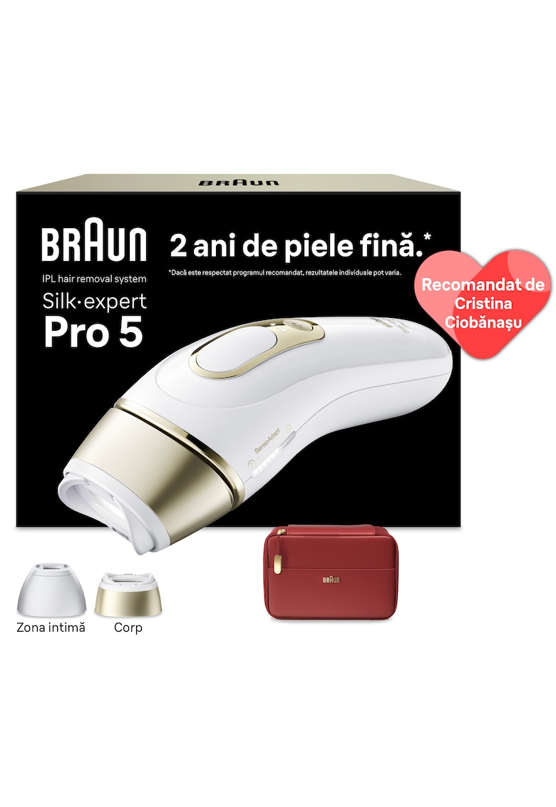 Epilator IPL Silk-expert PRO 5 Senzor automat & continuu Skin pro 2.0 - 400.000 impulsuri - 10 niveluri de intensitate - - Alb/Auriu/Visiniu