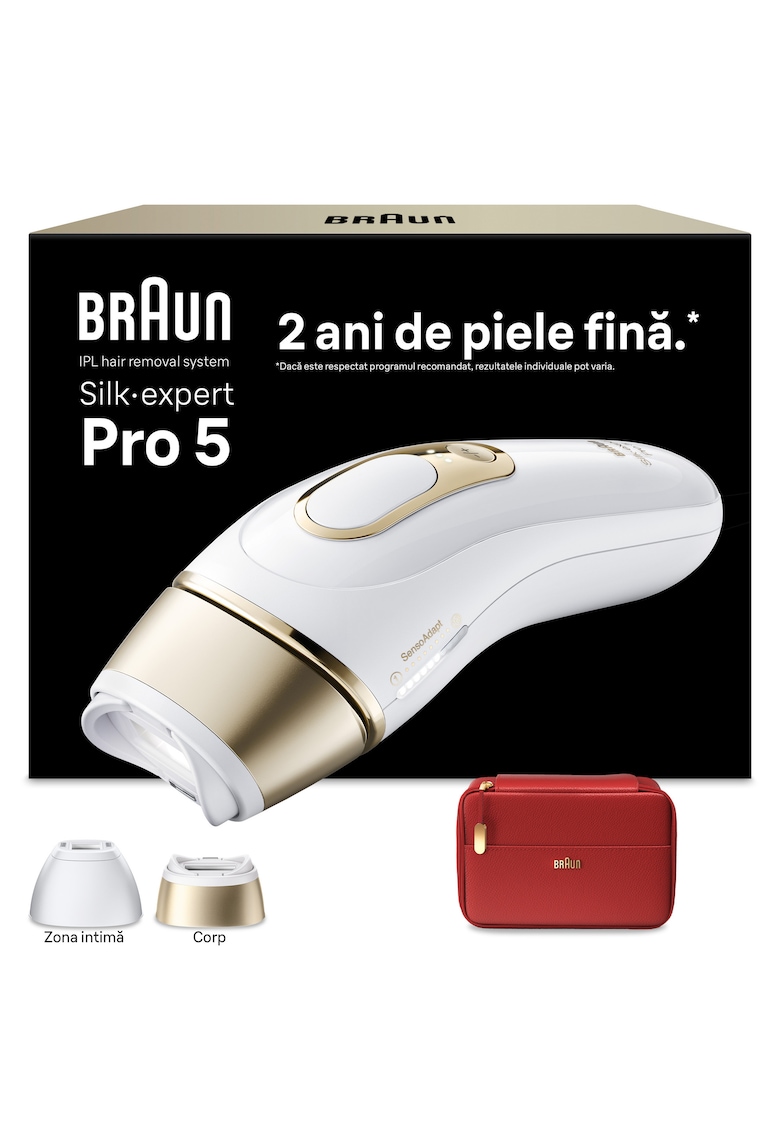 Epilator IPL Silk-expert PRO 5 Senzor automat & continuu Skin pro 2.0 - 400.000 impulsuri - 10 niveluri de intensitate - - Alb/Auriu/Visiniu