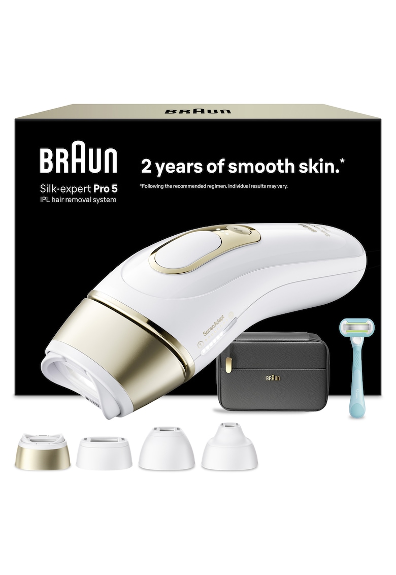 Epilator IPL Silk-expert PRO 5 Senzor automat & continuu Skin pro 2.0 - 400.000 impulsuri - 10 niveluri de intensitate - - Alb/Auriu/Gri inchis