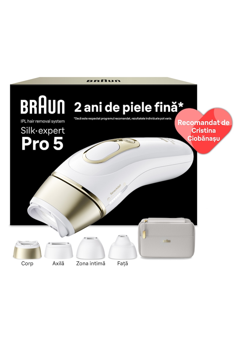 Epilator IPL Silk-expert PRO 5 Senzor automat & continuu Skin pro 2.0 - 400.000 impulsuri - 10 niveluri de intensitate - - Alb/Auriu/Gri deschis
