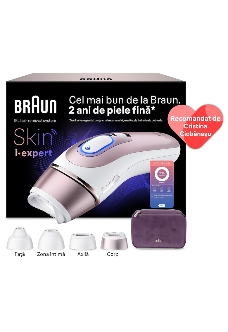 Epilator IPL Skin iExpert Tehnologie Skin iExpert - Feedback in timp real - 400.000 impulsuri - 10 niveluri de intensitate - 125 de impulsuri pe minut - Cap de precizie - Cap lat - Trusa de voiaj - Roz/Argintiu