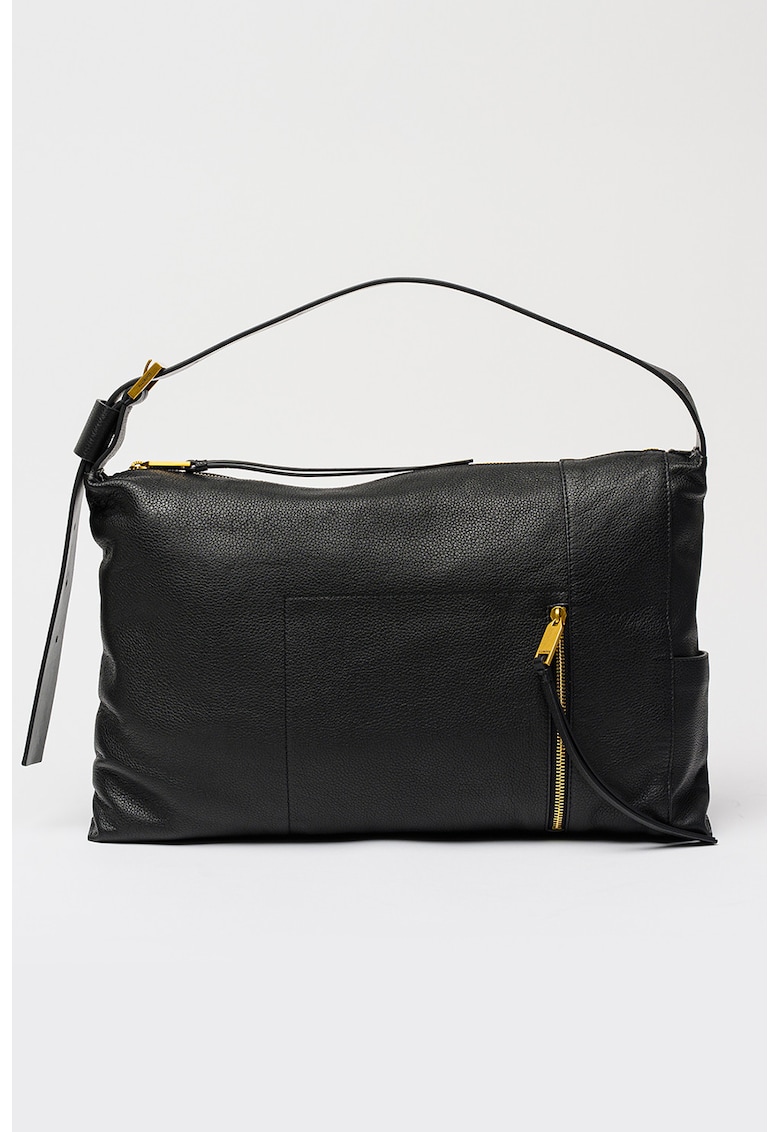 Geanta de piele cu bareta de umar si doua buzunare exterioare Alba - Negru