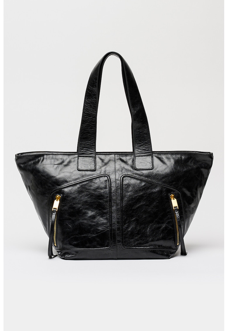 Geanta shopper de piele cu doua buzunare exterioare cu fermoar Jean Rey - Negru antracit