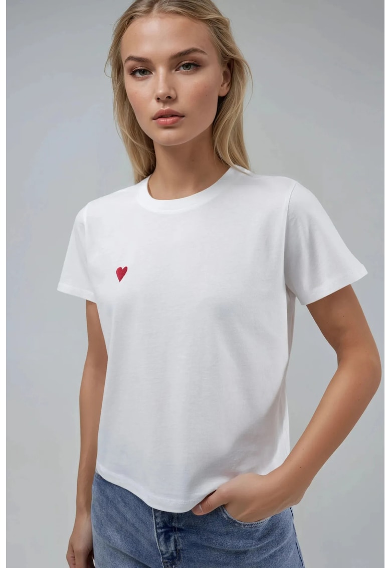 Tricou dama - brodat - maneca scurta - alb - jerseu