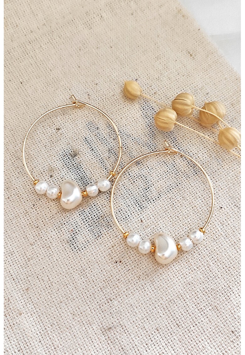 Cercei rotunzi cu perle sintetice - Alb/Auriu