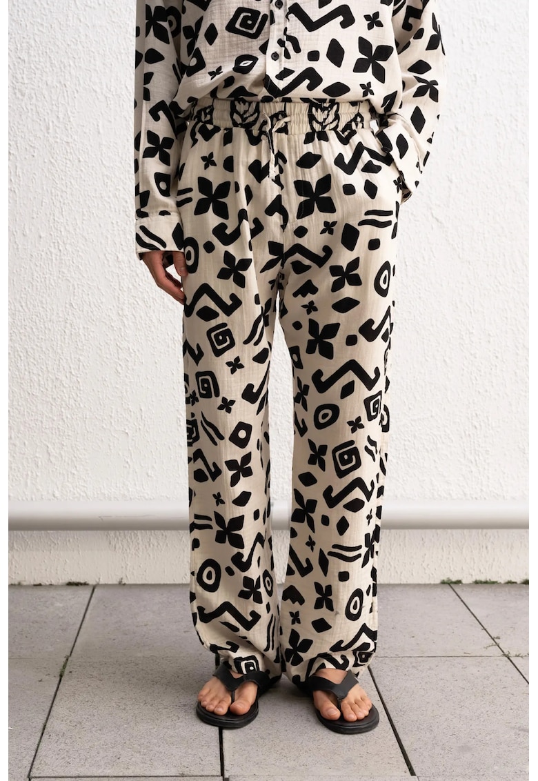 Pantaloni barbati - imprimeu etnic - croiala relaxata - bej natural - bumbac 100% -