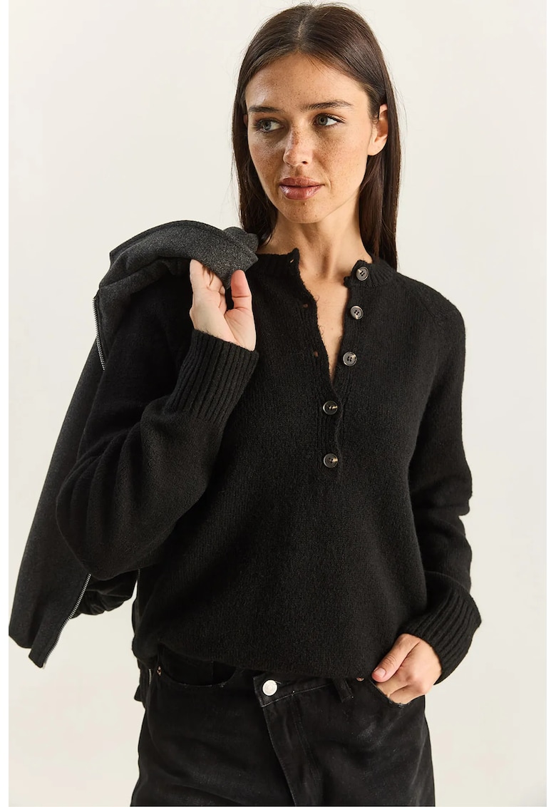 Pulover tricotat dama - Relaxed Fit - guler cu nasturi - negru - acril/poliester/elastan - One Size