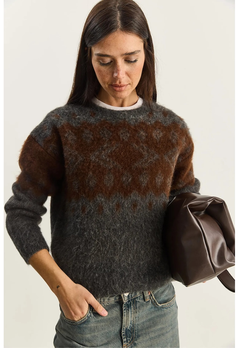 Pulover dama - acril/poliester/elastan - maro/gri inchis - One Size