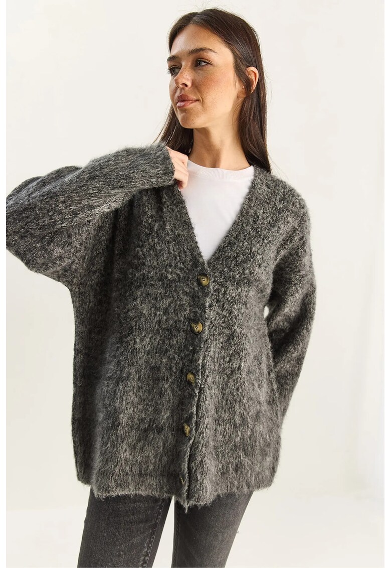 Cardigan dama - supradimensionat - decolteu in V - gri carbune - tricot - One Size