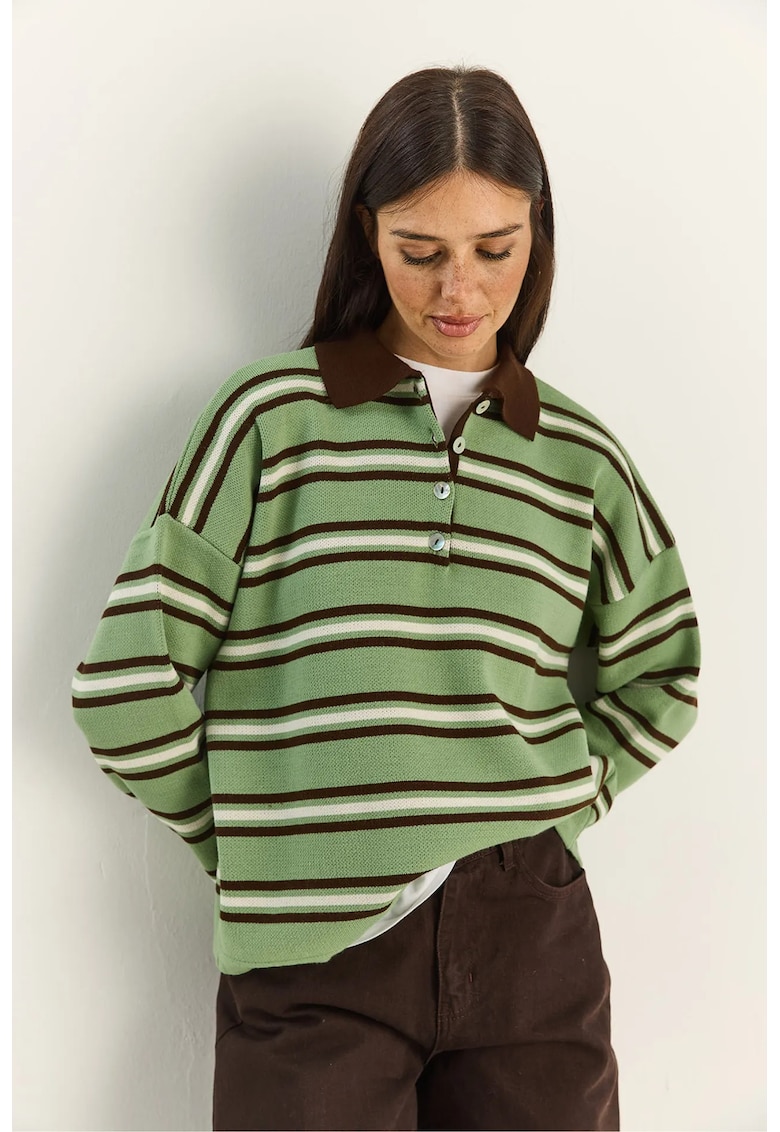Pulover dama - cu guler polo - dungi - multicolor - acril - One Size