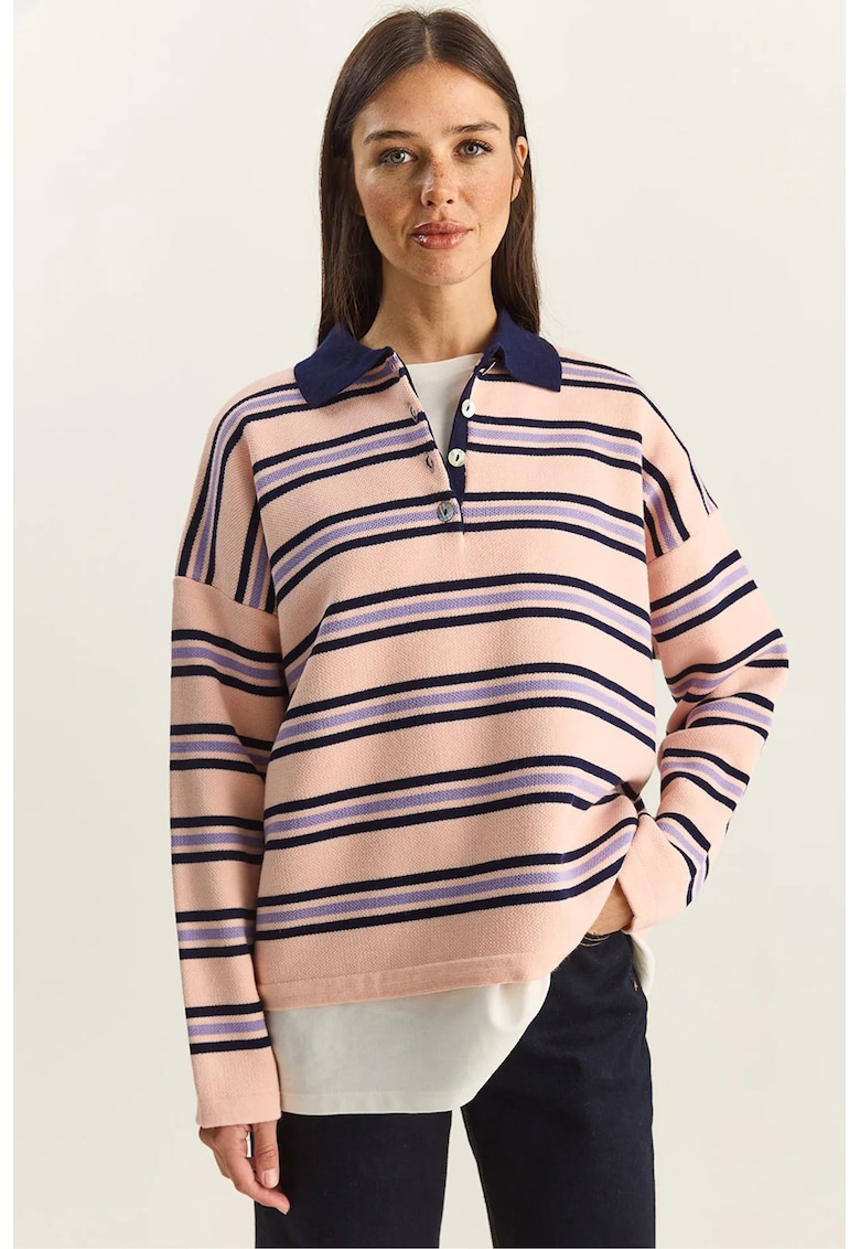 Pulover dama - guler polo cu dungi - acril - multicolor - One Size