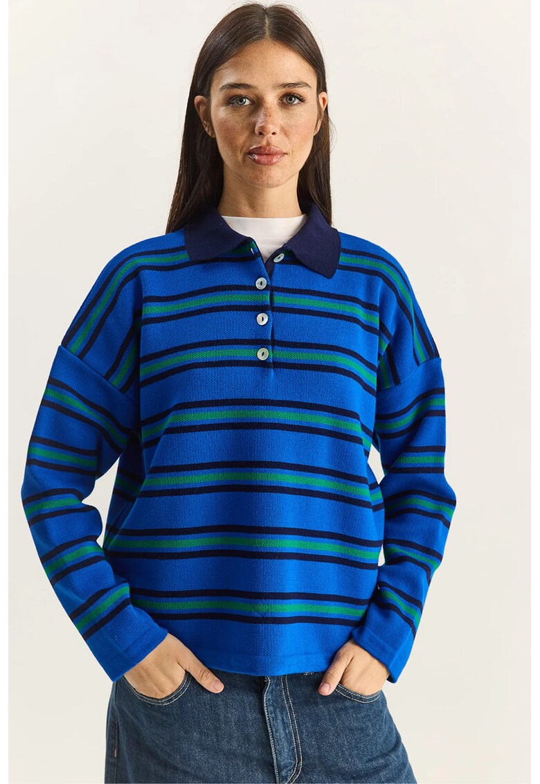 Pulover dama - cu guler polo - acril - albastru/verde - One Size