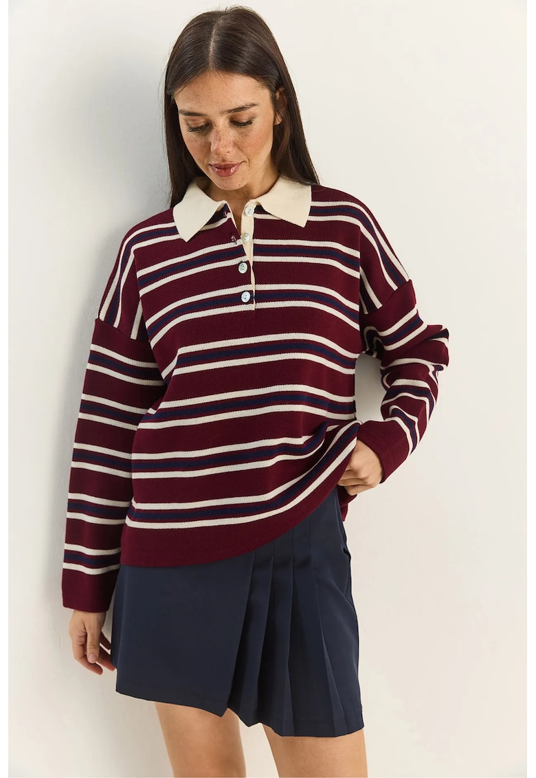 Pulover dama - cu guler polo - acril - alb/visiniu - One Size