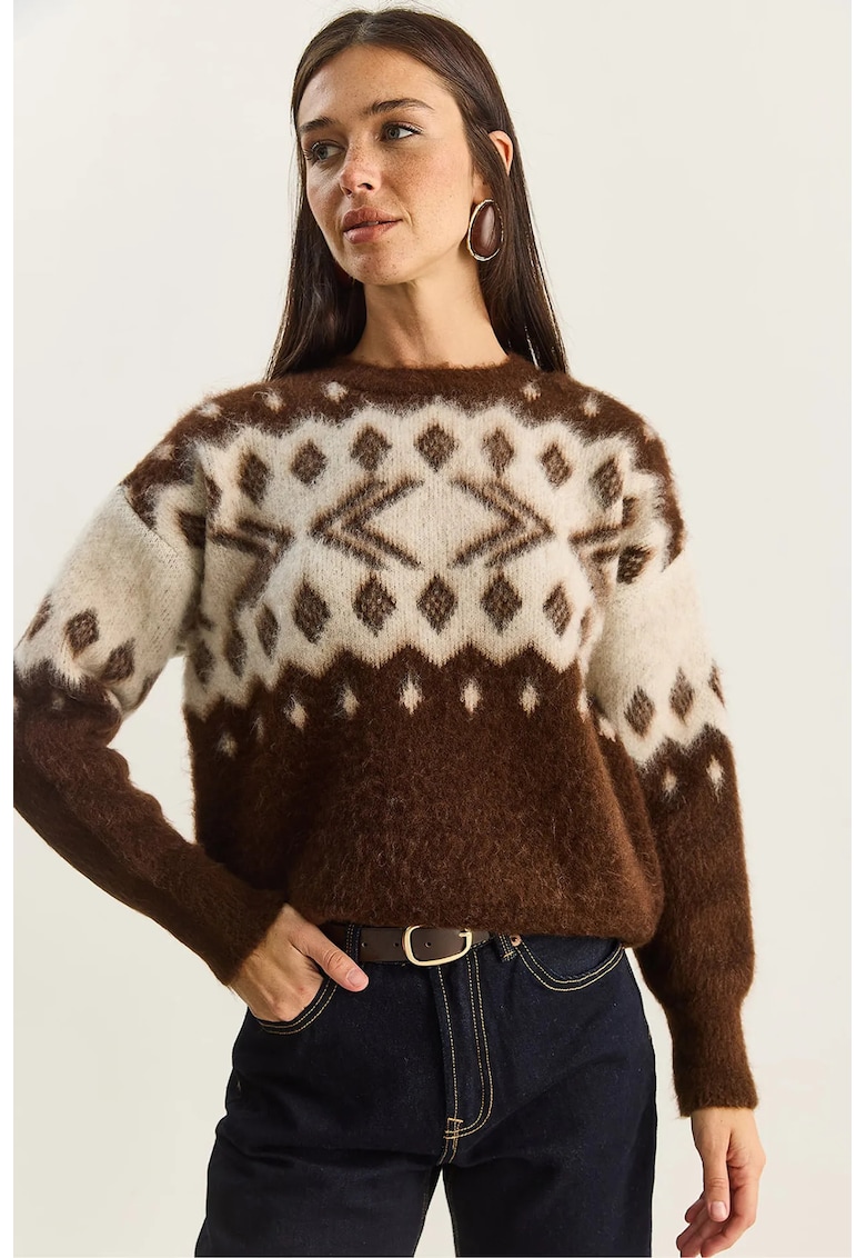 Pulover gros tricotat dama - acril/poliester/elastan - model etnic - guler rotund - maro/bej - One Size