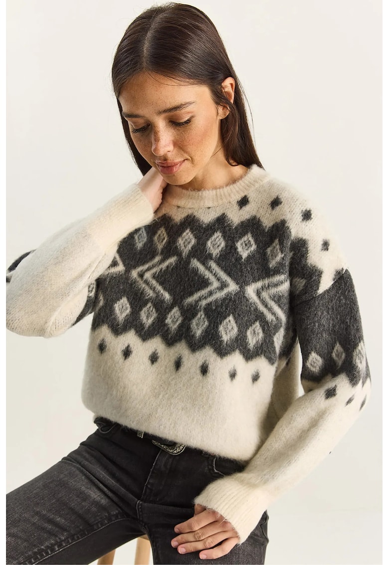 Pulover gros tricotat dama - cu model etnic - gri - acril/poliester/elastan - One Size