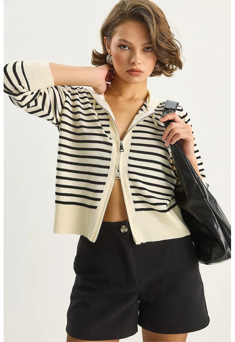 Cardigan dama - cu gluga si fermoar - acril - bej/negru - One Size