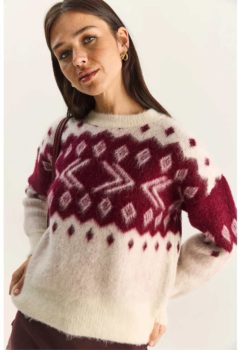 Pulover gros tricotat dama - model etnic - rosu/alb - acril/poliester/elastan - One Size